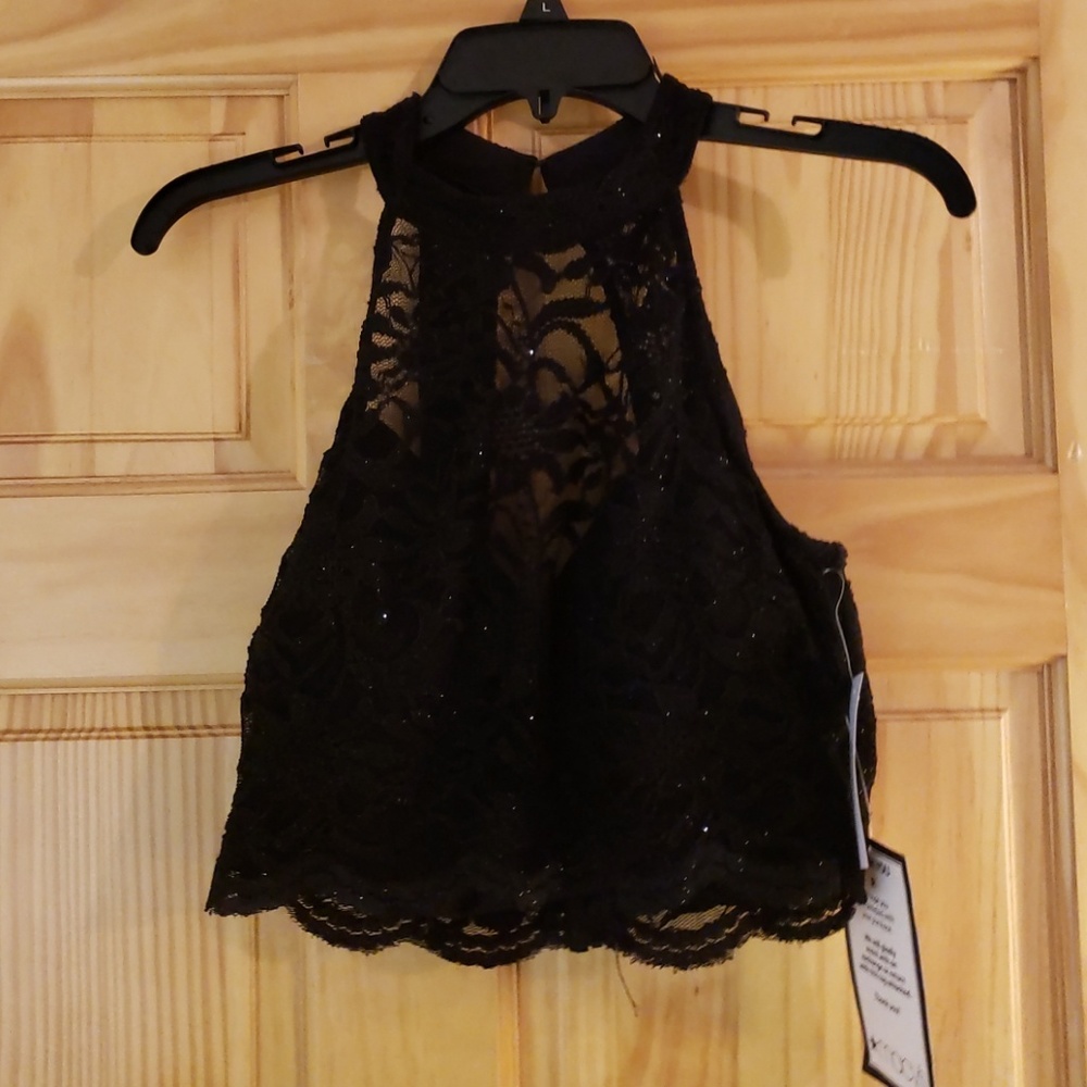Cropped black lace sparkly halter